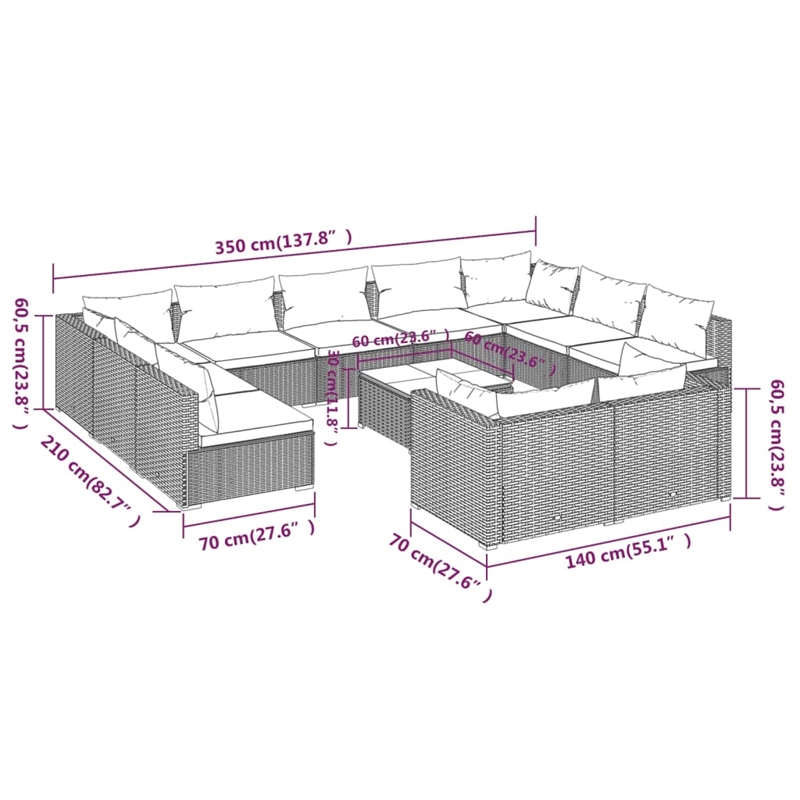 vidaXL 12 Piece Steel Garden Lounge Set in Red/Brown