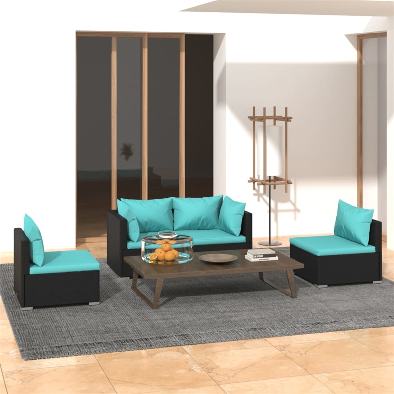 vidaXL 4 Piece Poly Rattan Garden Lounge Set in Black/Blue