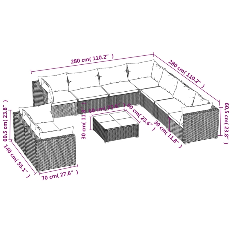 vidaXL 10 Piece Garden Lounge Set in Black/Blue