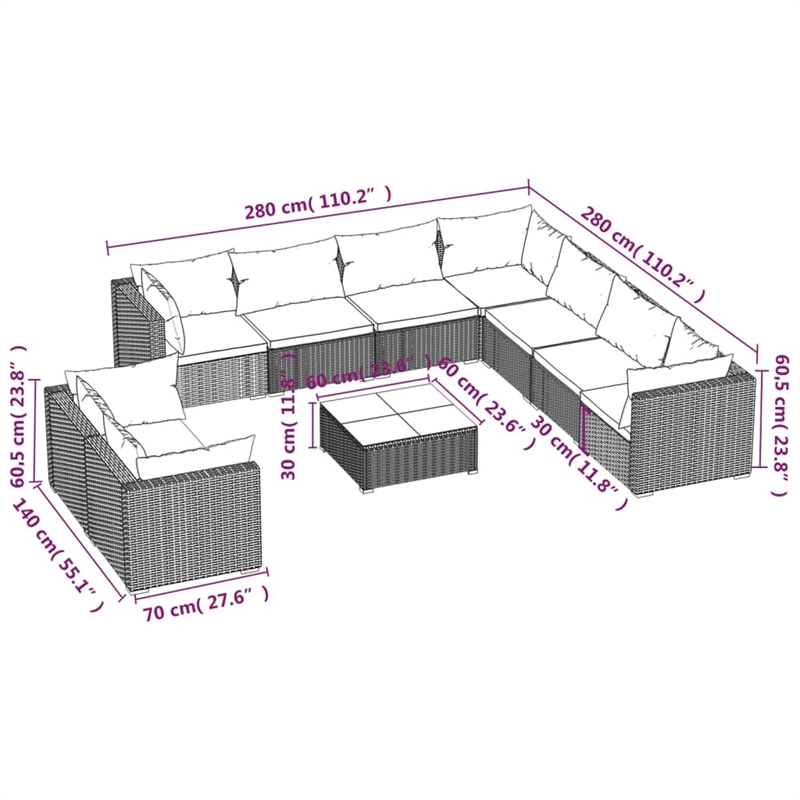 vidaXL 10 Piece Poly Rattan Garden Lounge Set in Green/Brown