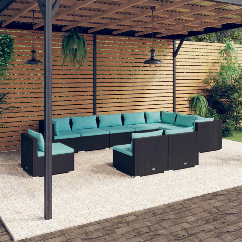 vidaXL 10 Piece Poly Rattan Small Garden Lounge Set in Black/Blue