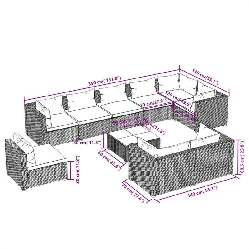 vidaXL 10 Piece Steel Garden Lounge Set in Gray