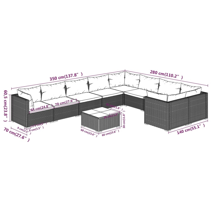 vidaXL 10 Piece Poly Rattan Garden Lounge Set in Gray/Anthracite