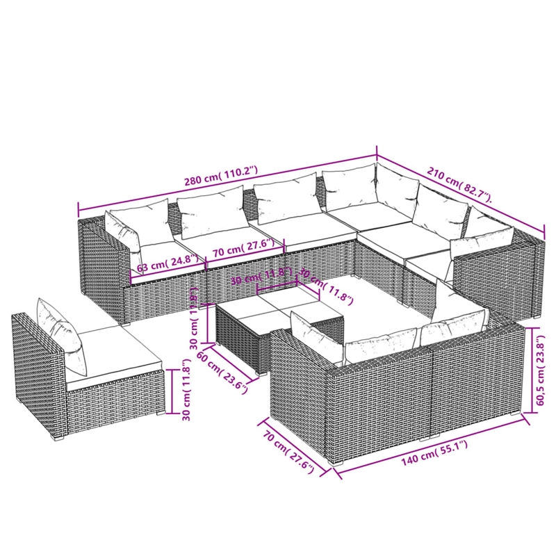 vidaXL 10 Piece Steel Garden Lounge Set in Brown