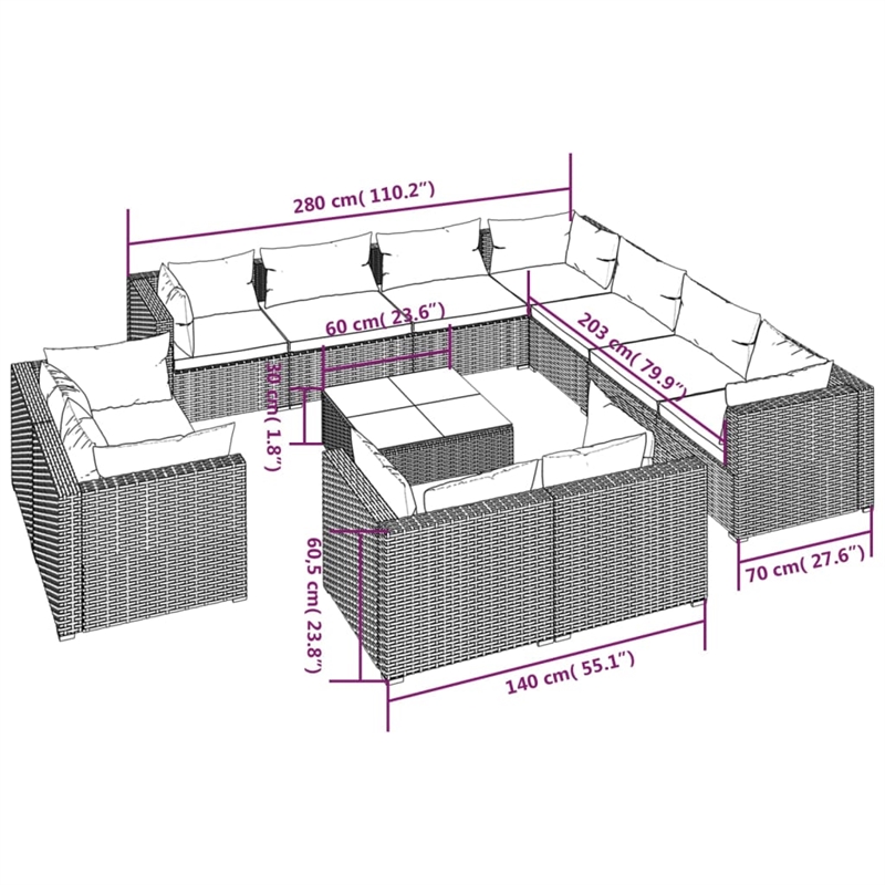 vidaXL 12 Piece Steel Garden Lounge Set in Red/Brown