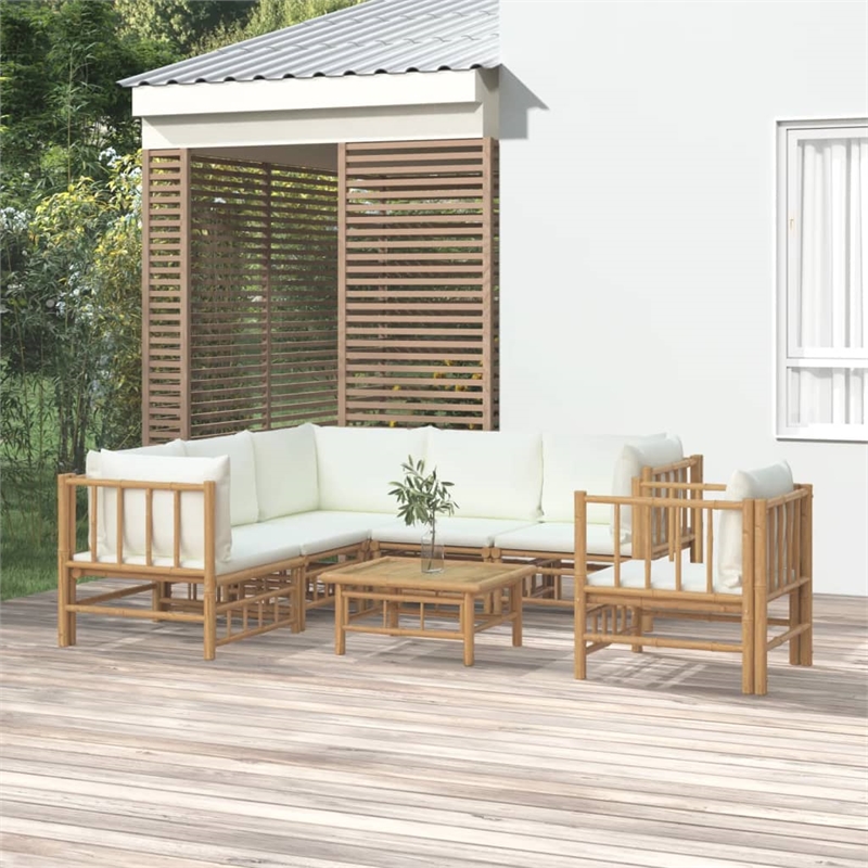 vidaXL 7 Piece Bamboo Large Garden Lounge Set in White/Cream