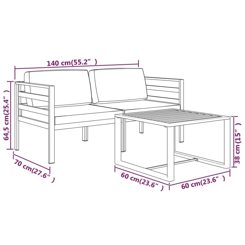 vidaXL 3 Piece Aluminum Medium Garden Lounge Set in Anthracite