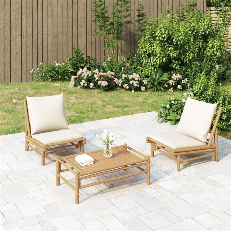 vidaXL 3 Piece Bamboo Small Garden Lounge Set in White/Cream