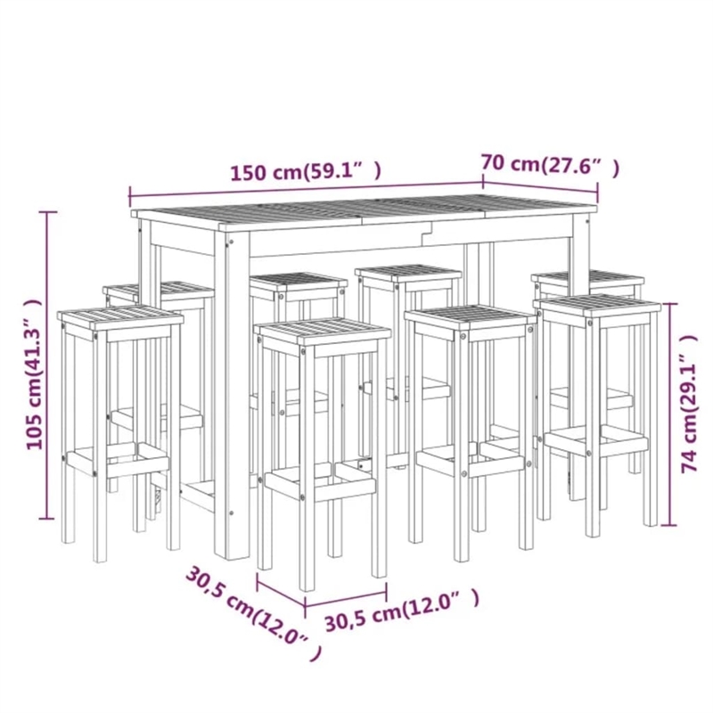 vidaXL 9 Piece Solid Acacia Wood Bar Set in Natural