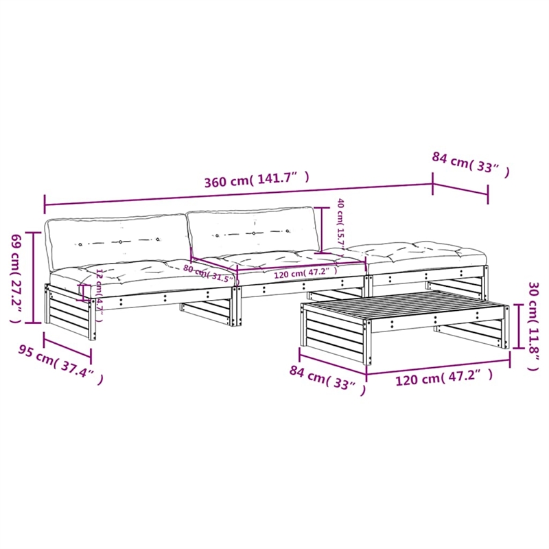 vidaXL 4 Piece Wood Large Garden Lounge Set in Beige