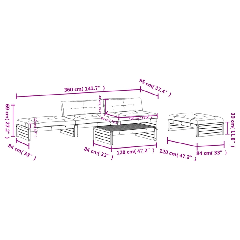 vidaXL 5 Piece Wood Large Garden Lounge Set in Gray