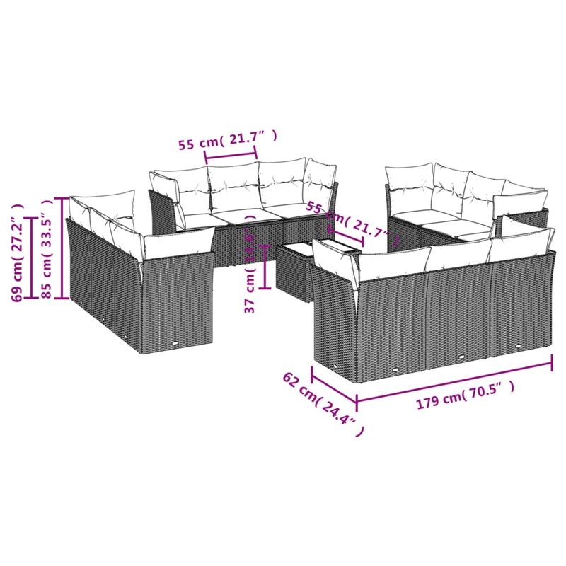 vidaXL 13 Piece Steel Small Sofa Set in Black