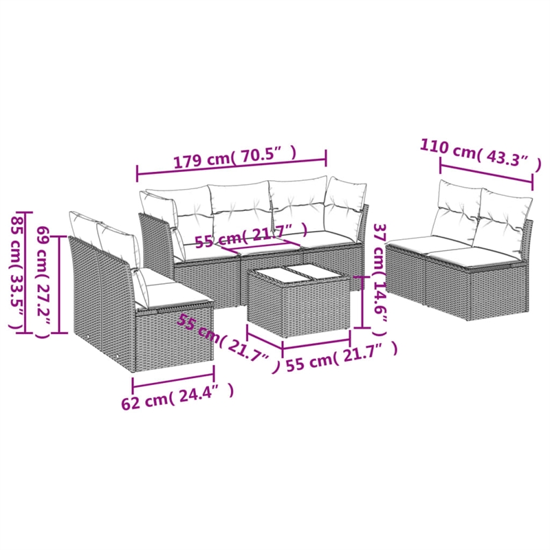 vidaXL 8 Piece Steel Sofa Set in Gray/Beige
