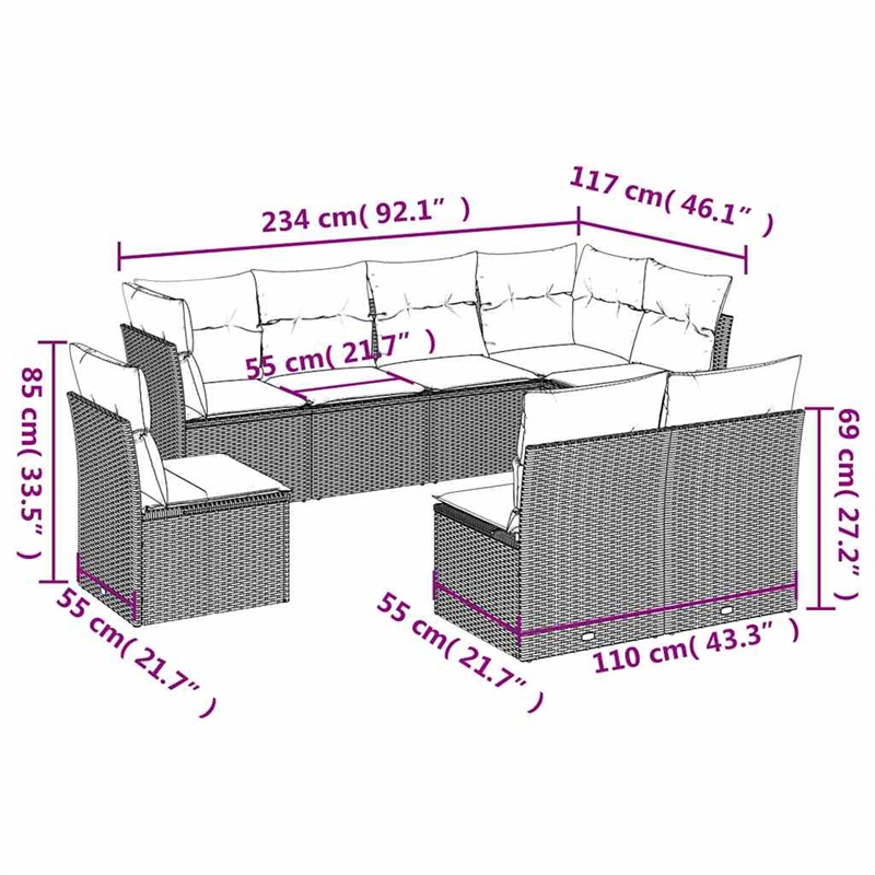 vidaXL 8 Piece Steel Large Sofa Set in Black