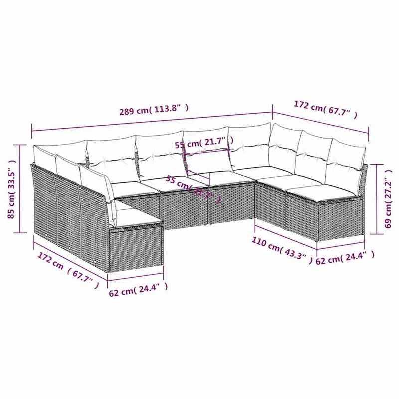 vidaXL 9 Piece Steel Patio Sofa Set in Black/Blue