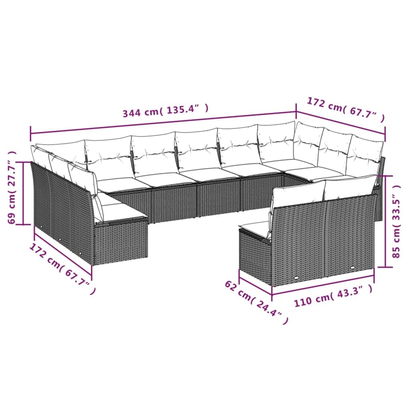 vidaXL Poly Rattan Large Sofa Set in Black/Blue