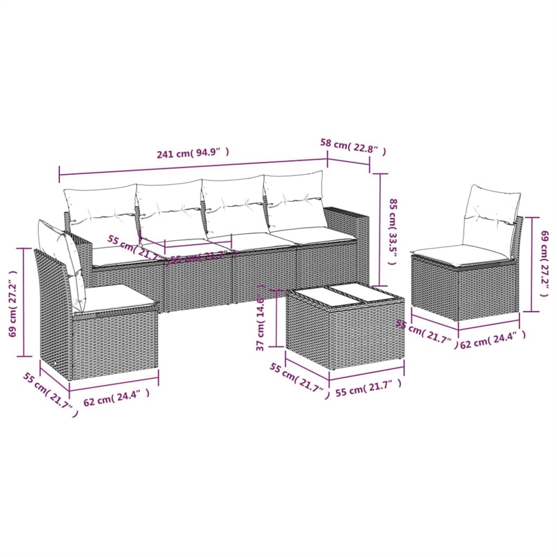 vidaXL 7 Piece Steel Sofa Set in Black