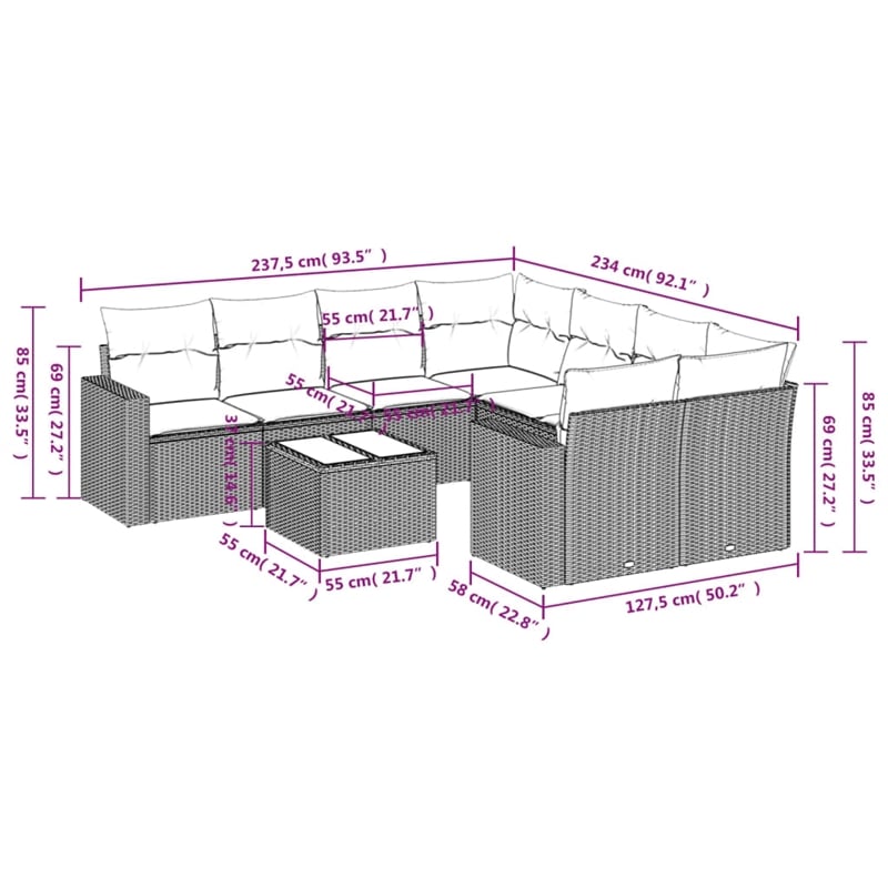 vidaXL 9 Piece Poly Rattan Sofa Set in Gray
