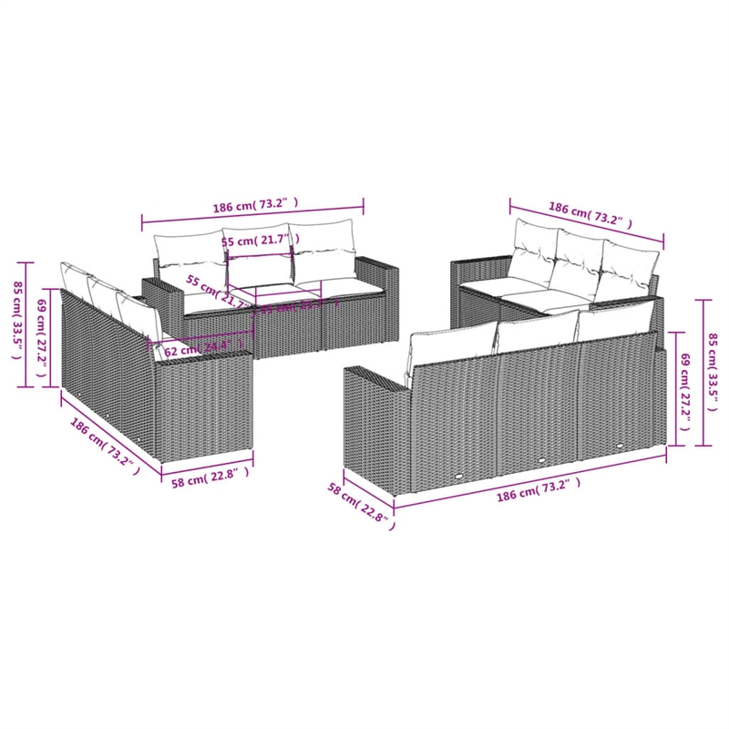 vidaXL 12 Piece Steel Large Sofa Set in Black