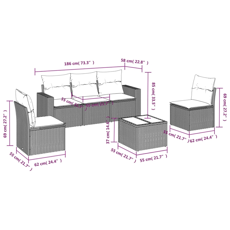 vidaXL 6 Piece Steel Small Sofa Set in Black