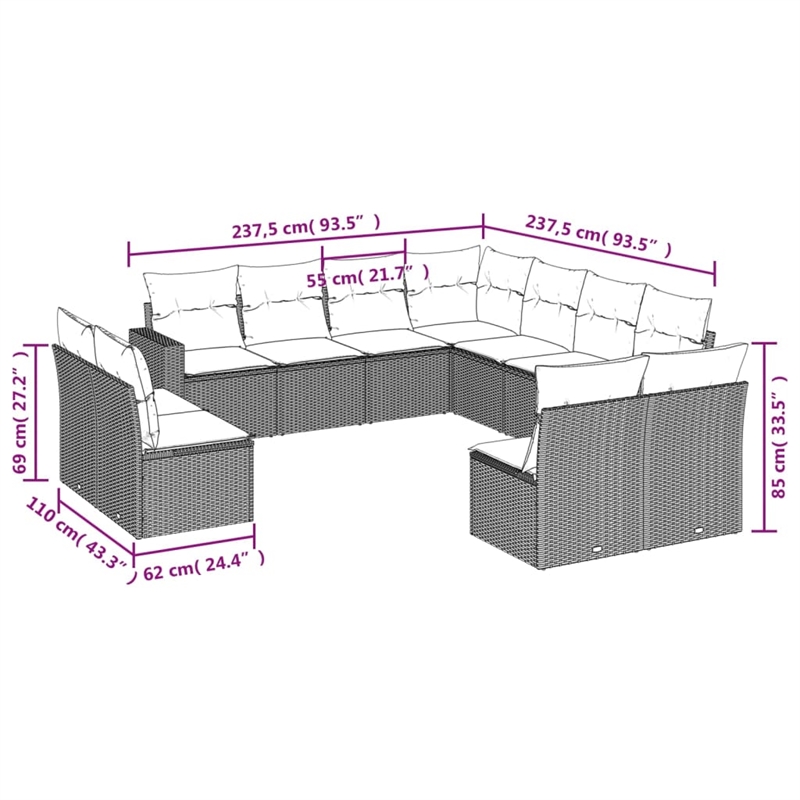 vidaXL 11 Piece Steel Small Sofa Set in Gray