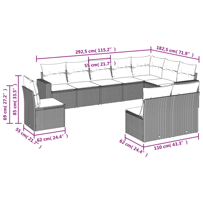 vidaXL 10 Piece Steel Sofa Set in Gray