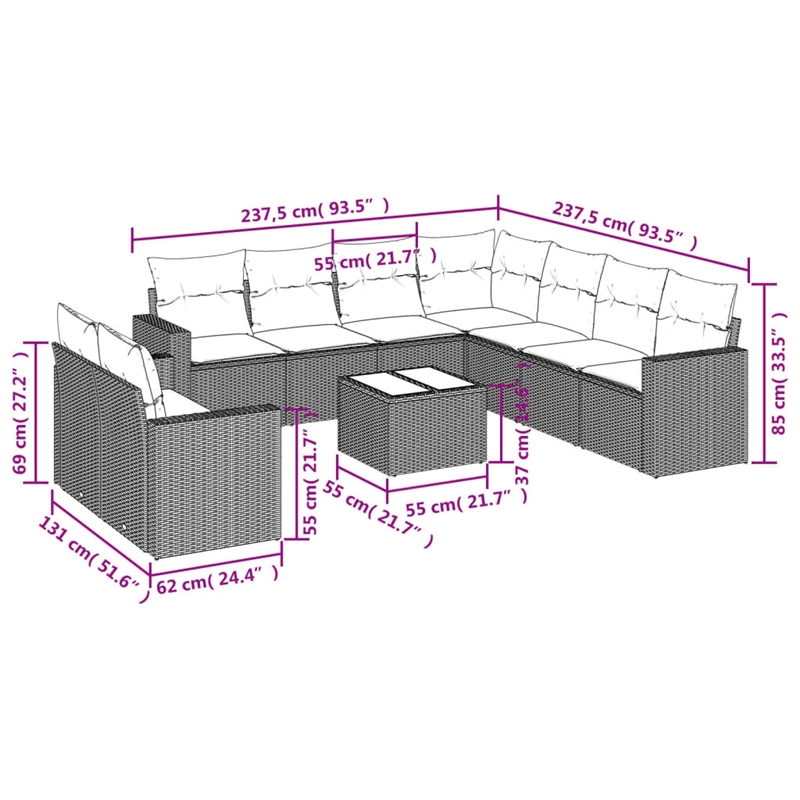 vidaXL 10 Piece Steel Small Sofa Set in Brown