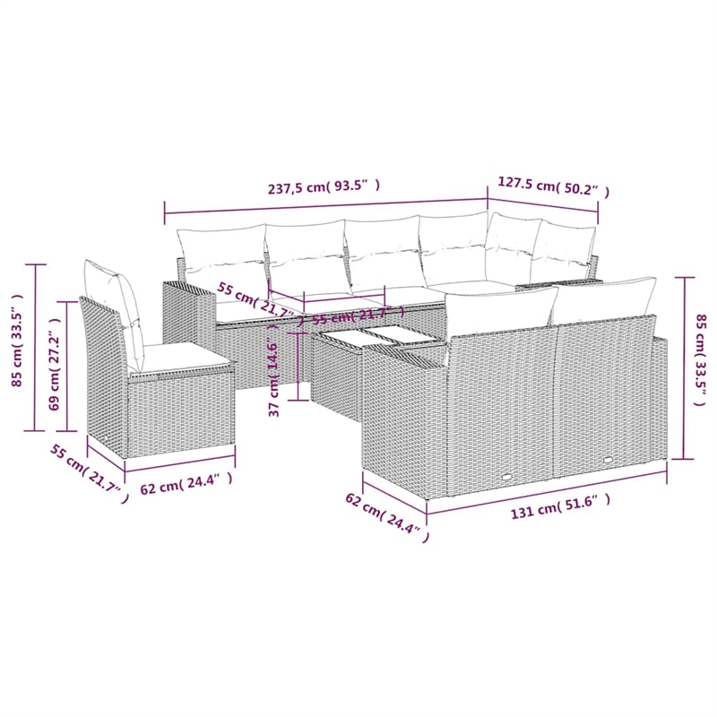vidaXL 9 Piece Steel Sofa Set in Black