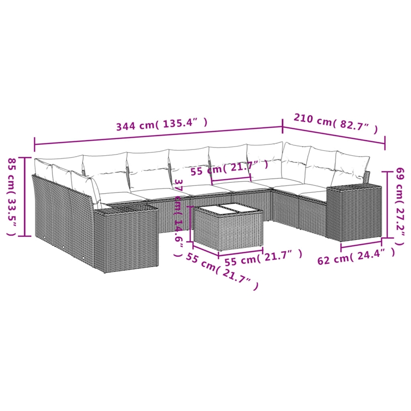 vidaXL 11 Piece Steel Sofa Set in Gray/Beige