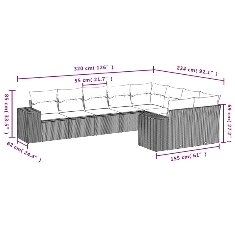 vidaXL 9 Piece Poly Rattan Sofa Set in Gray
