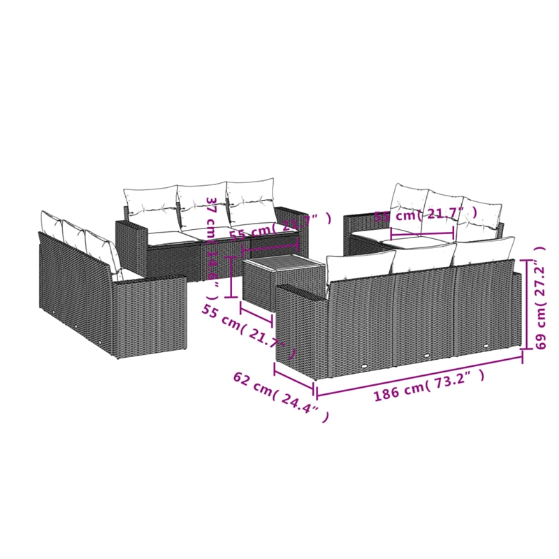 vidaXL Solid Acacia Wood Sofa Set in Black/Cream