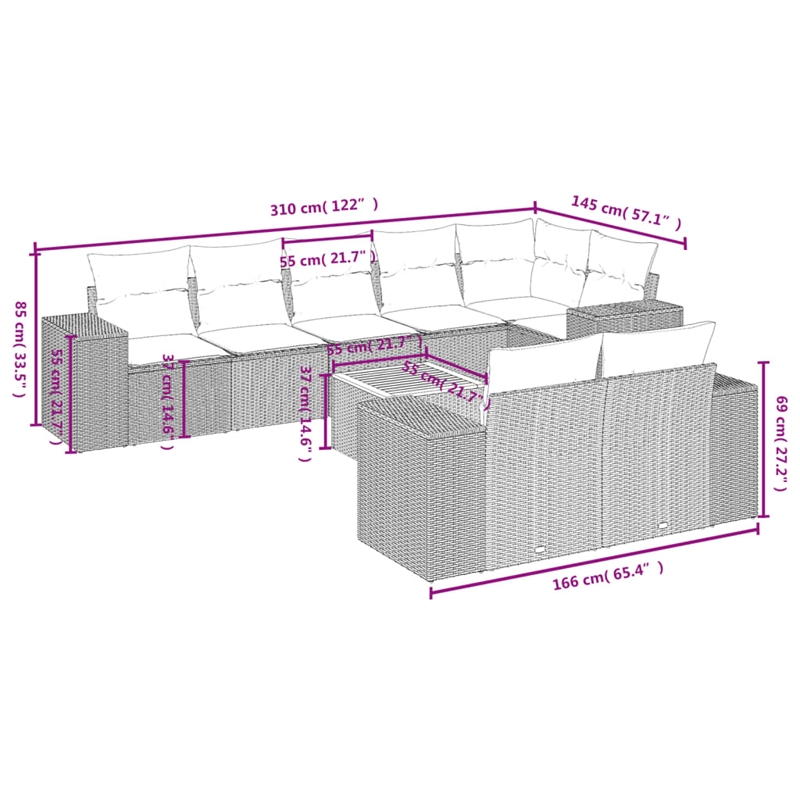 vidaXL 9 Piece Poly Rattan Large Sofa Set in Gray