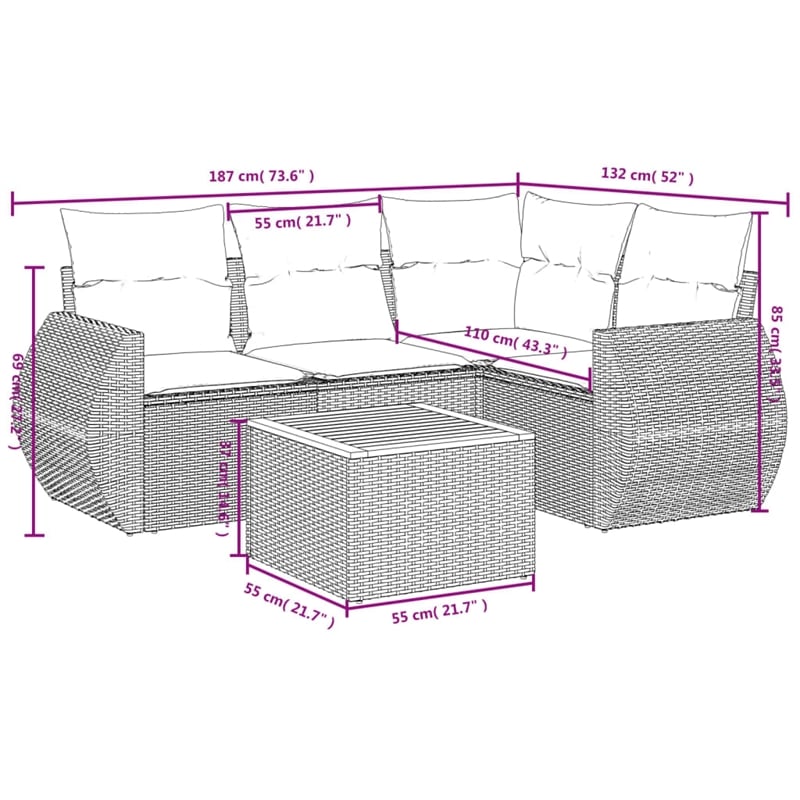 vidaXL Poly Rattan Sofa Set in Black/White/Cream