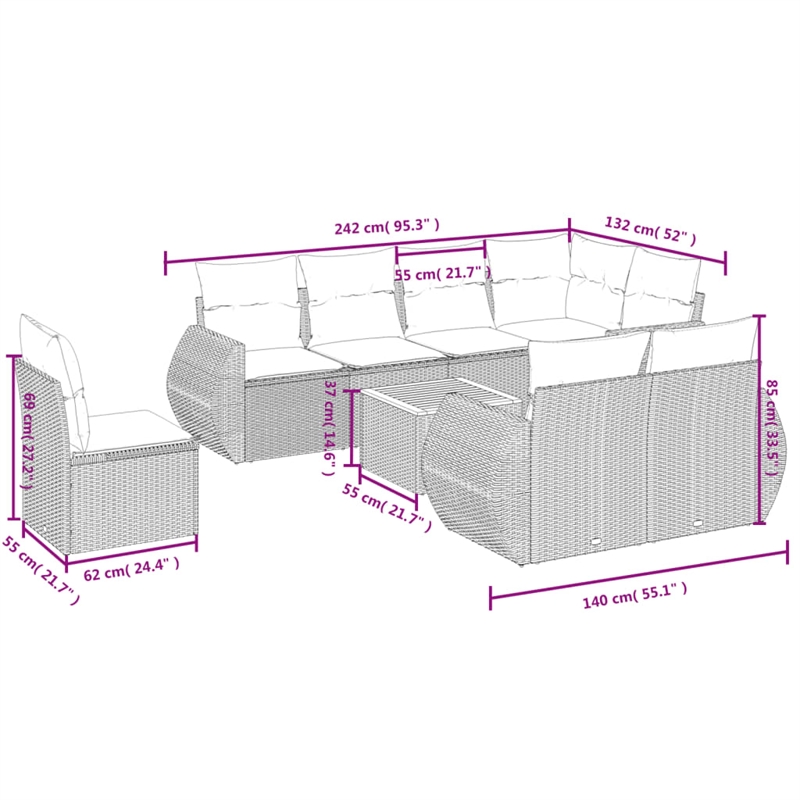 vidaXL 9 Piece Steel Sofa Set in Black
