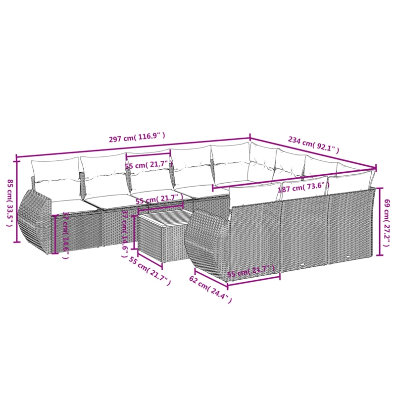 vidaXL 11 Piece Steel Sofa Set in Cream/Beige