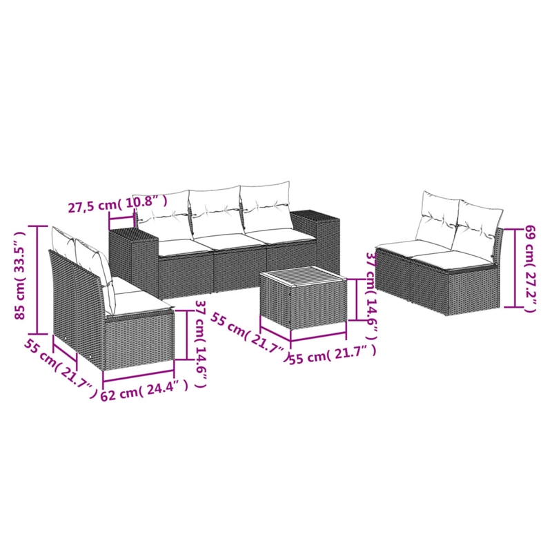 vidaXL 8 Piece Steel Sofa Set in Black/Cream