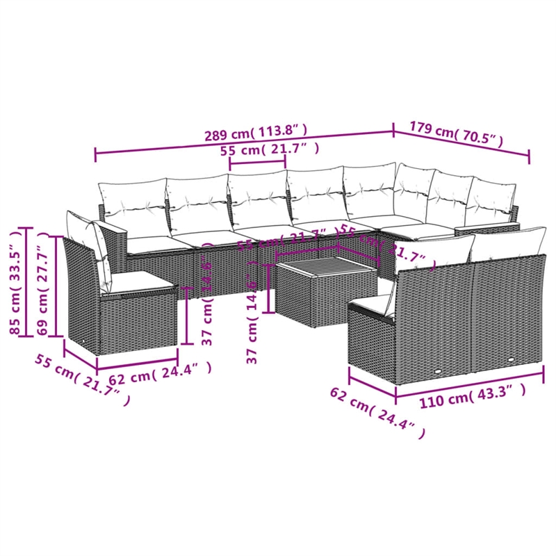 vidaXL 11 Piece Steel Sofa Set in Black/Cream