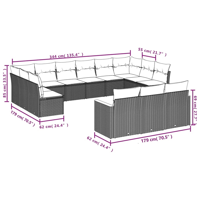 vidaXL 13 Piece Steel Large Sofa Set in Black