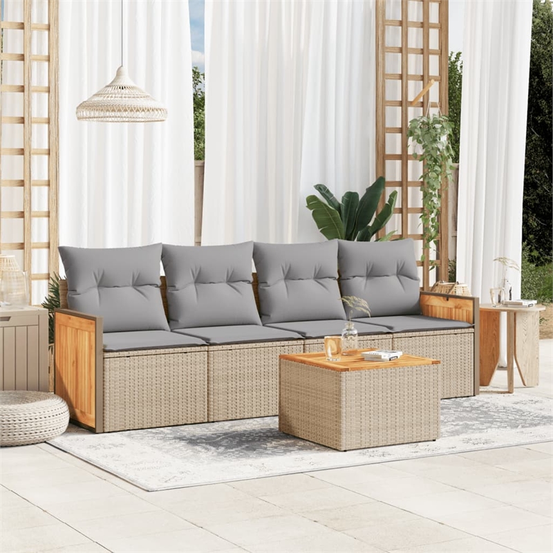 vidaXL 5 Piece Solid Acacia Wood Large Sofa Set in Beige