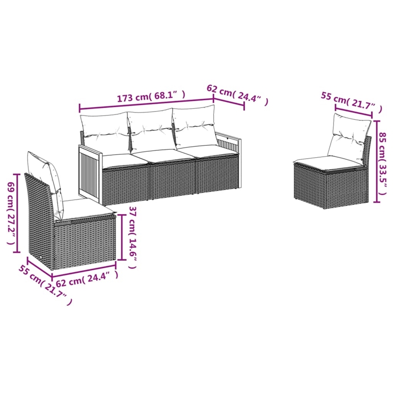 vidaXL 5 Piece Steel Sofa Set in Black