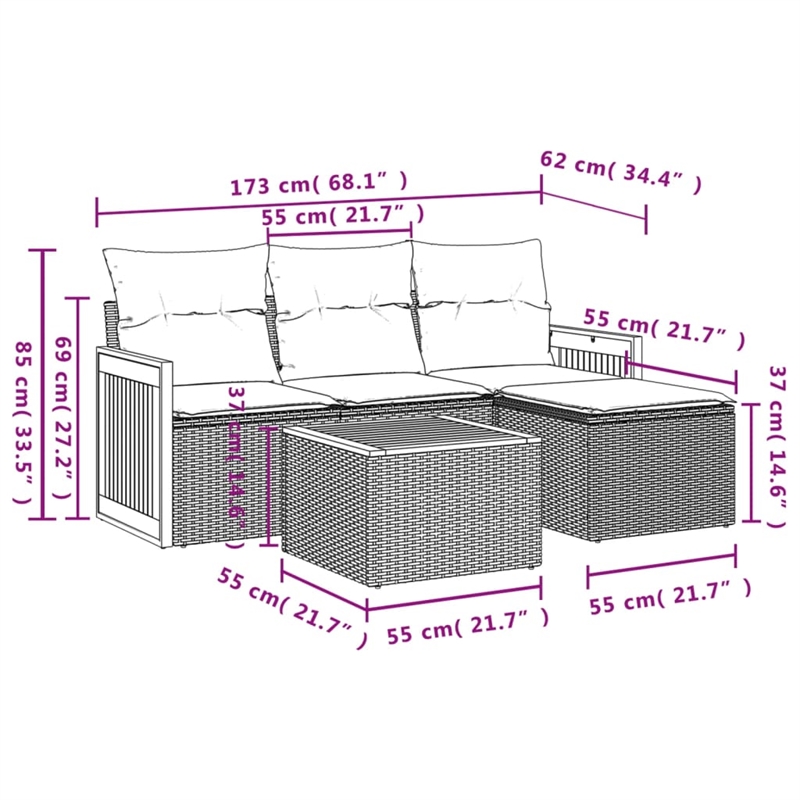 vidaXL 5 Piece Solid Acacia Wood Sofa Set in Gray