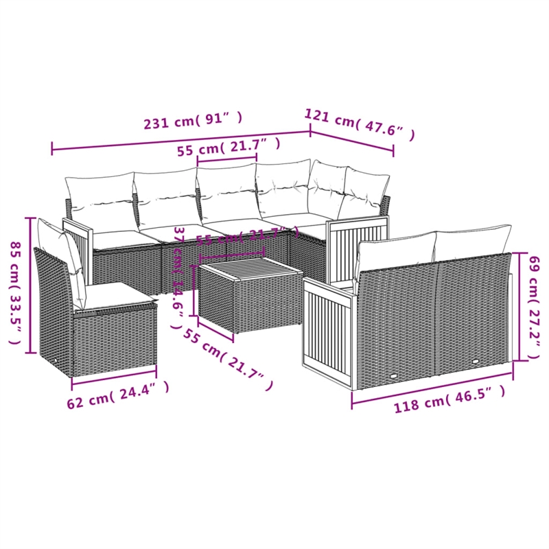 vidaXL 9 Piece Solid Acacia Wood Sofa Set in Gray