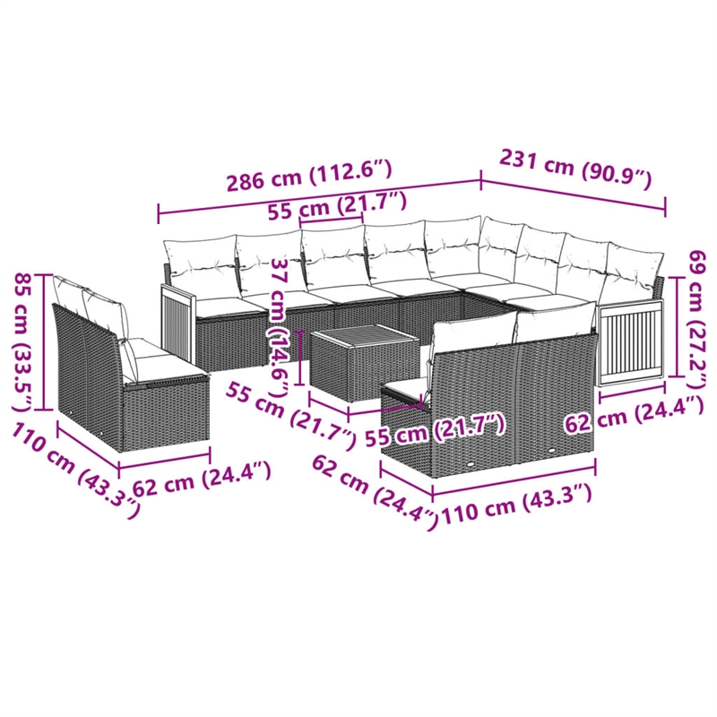 vidaXL 13 Piece Solid Acacia Wood Sofa Set in Gray