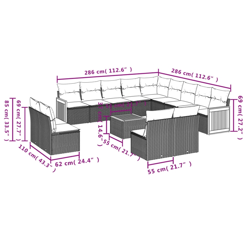 vidaXL 14 Piece Solid Acacia Wood Sofa Set in Beige
