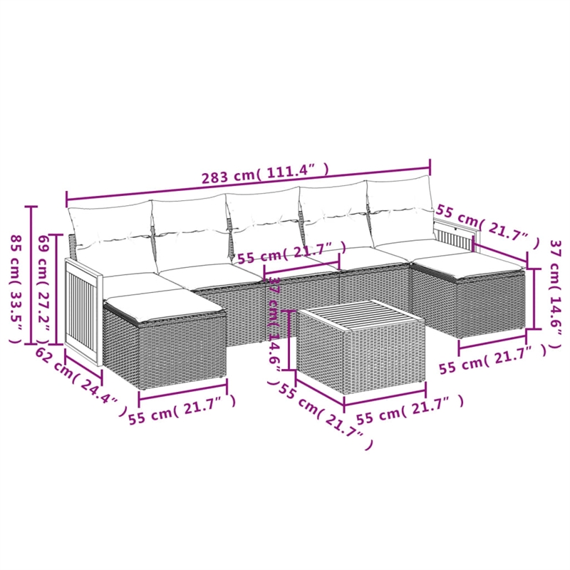 vidaXL 8 Piece Steel Large Sofa Set in Black