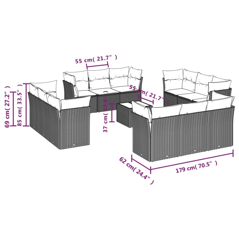 vidaXL Poly Rattan Large Sofa Set in Black/White/Cream