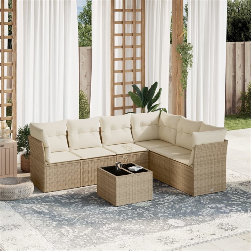 vidaXL 7 Piece Poly Rattan Sofa Set in Cream/Beige