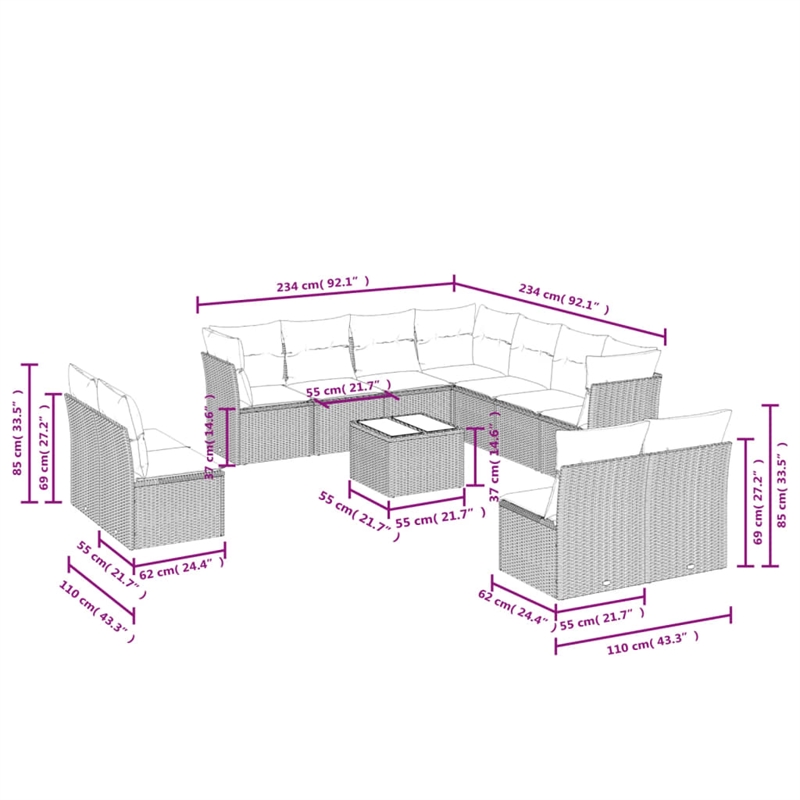 vidaXL 12 Piece Steel Sofa Set in Black