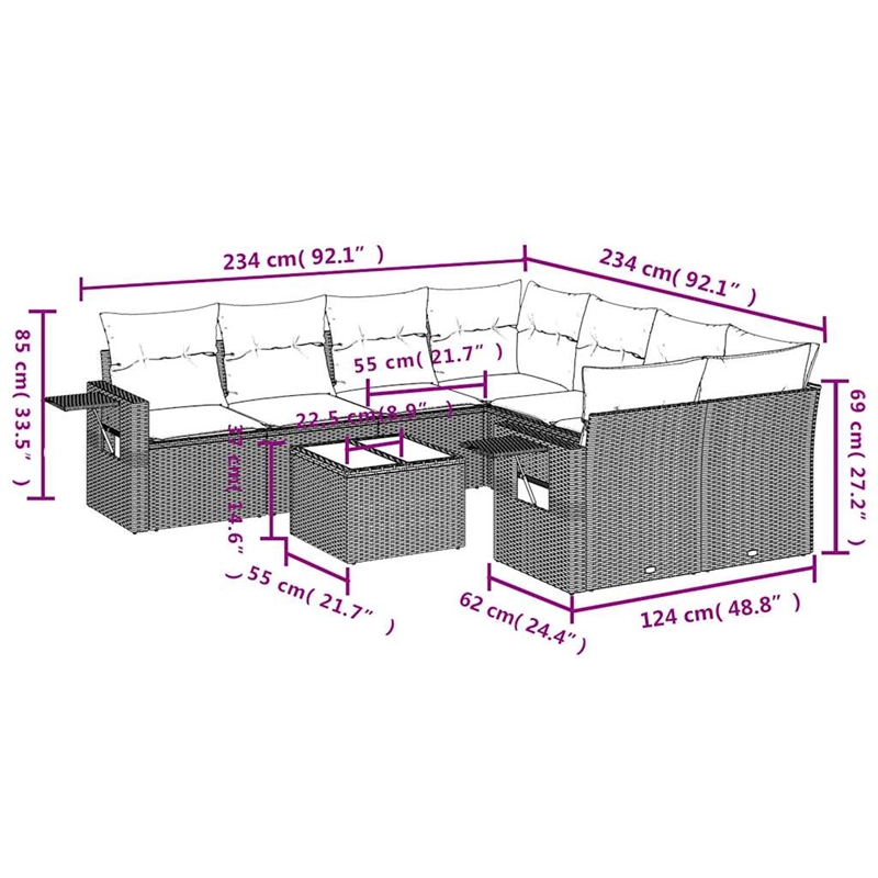 vidaXL 9 Piece Poly Rattan Small Sofa Set in Gray