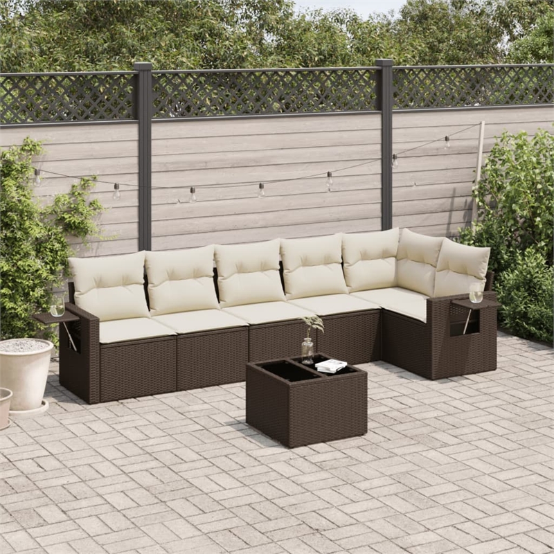 vidaXL 7 Piece Poly Rattan Sofa Set in White/Brown/Cream